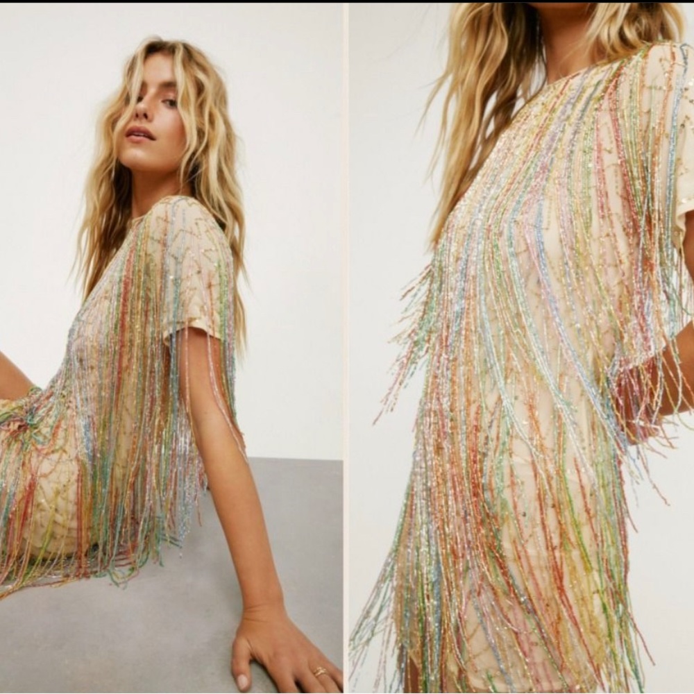 NWT Nasty Gal Fringe Sequined Tunic Dress in Champagne